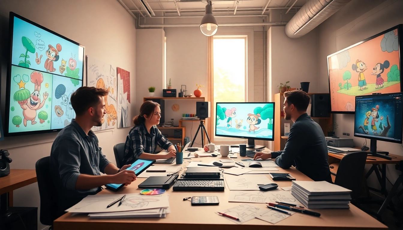 Animationsagentur - Künstler arbeiten gemeinsam an lebhaften Animationen in einem kreativen Studio.