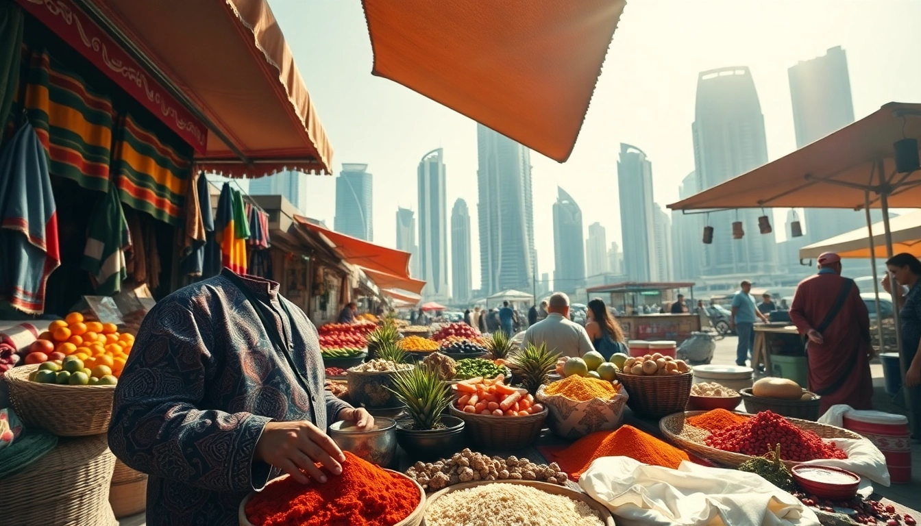 Your Dubai lifestyle platform vibrant market scene with local vendor and modern skyline.