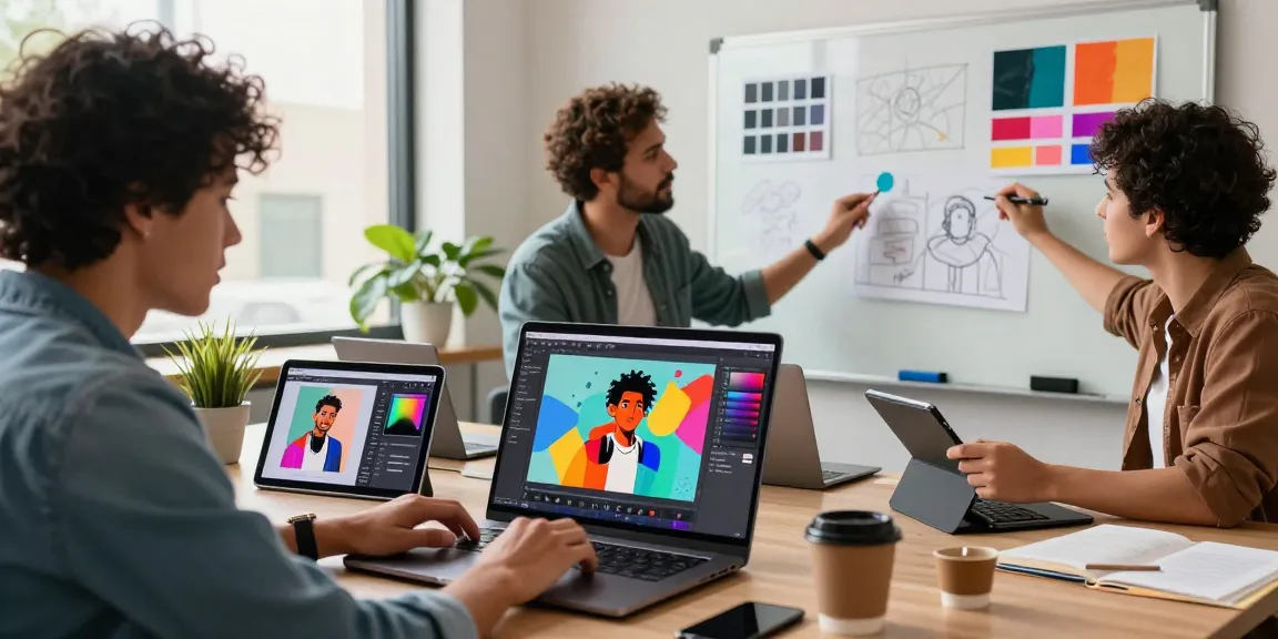 Team of graphic designers collaborating using Nano Banana 2 AI image editor in a vibrant workspace.