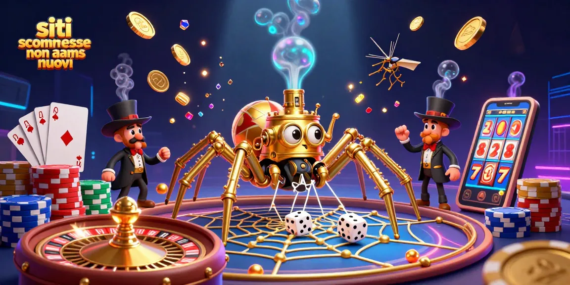 Siti scommesse non AAMS nuovi: illustrazione di un ragno dorato steampunk tra gettoni e carte da gioco.