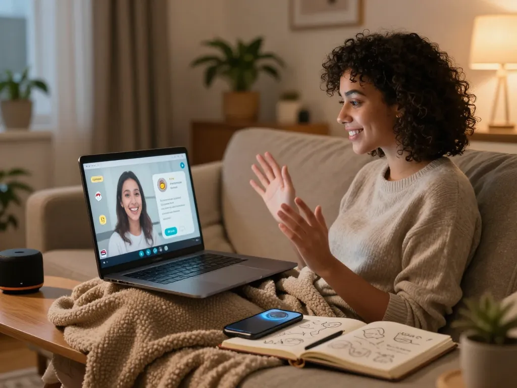 Engaging in interactive sex chat AI conversations from a cozy home setting.