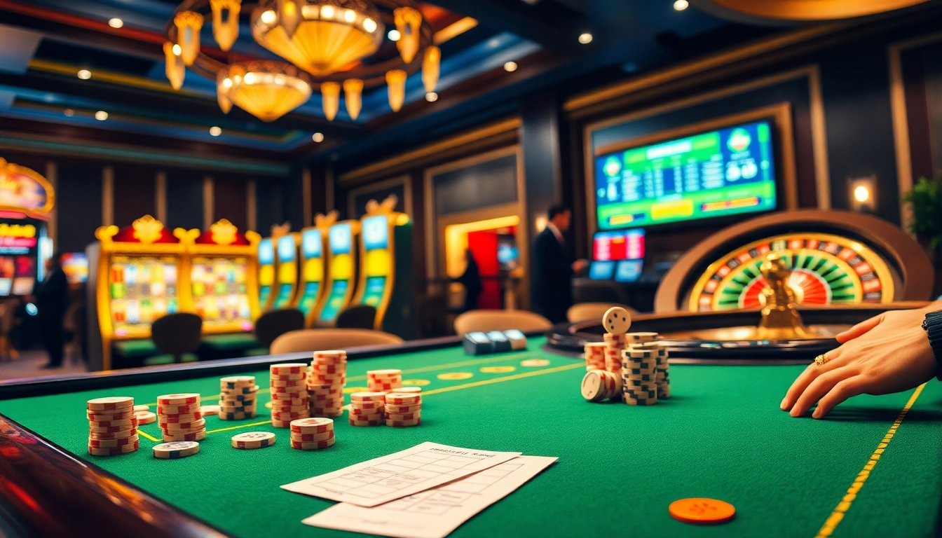 Sbobet betting interface on a vibrant casino table with poker chips and dice.