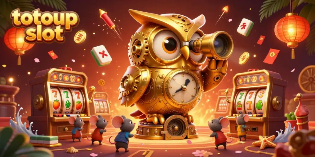 Engage with totoup slot as the golden owl oversees a bustling casino scene filled with dynamic gaming elements.