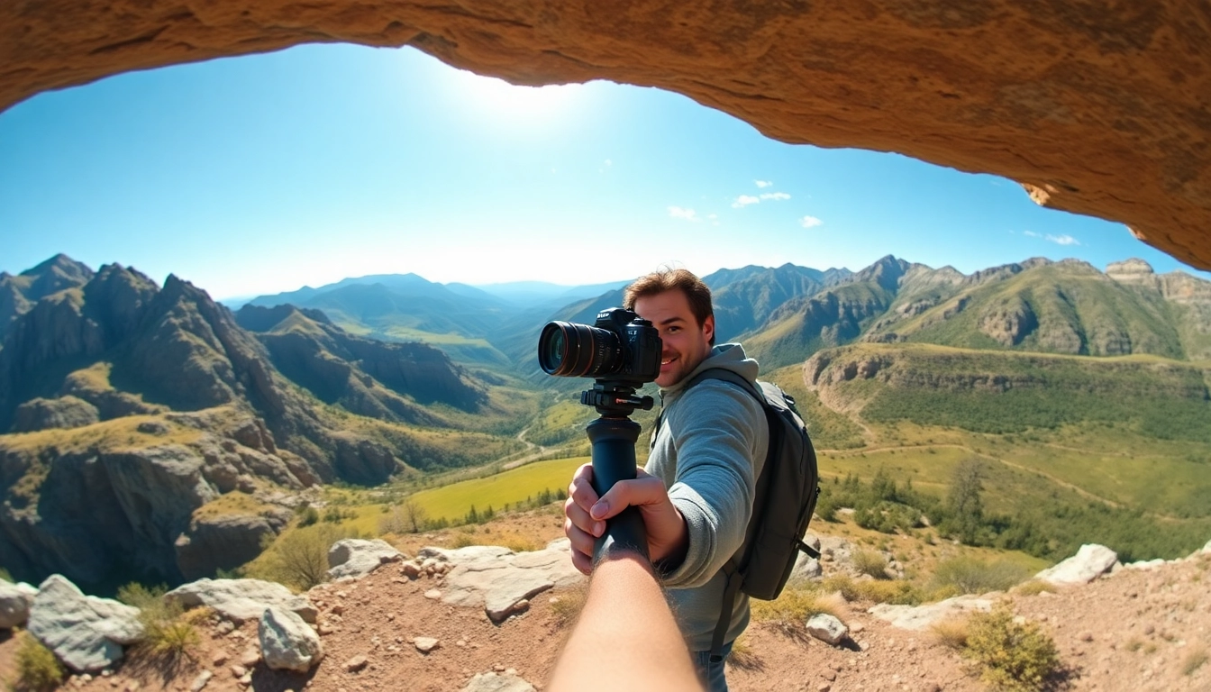 Photographer using the insta360 antigravity a1 to capture scenic landscapes in a vibrant outdoor setting.
