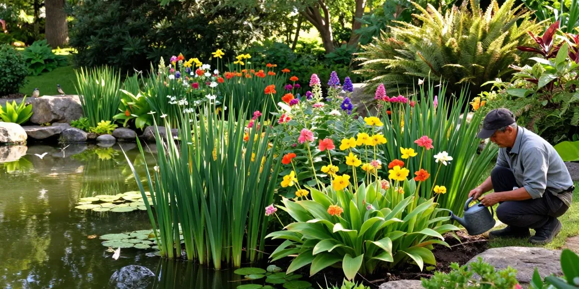 Buy Marginal Pond Plants while enjoying a serene garden scene with vibrant blooms and a gardener nurturing the pond.