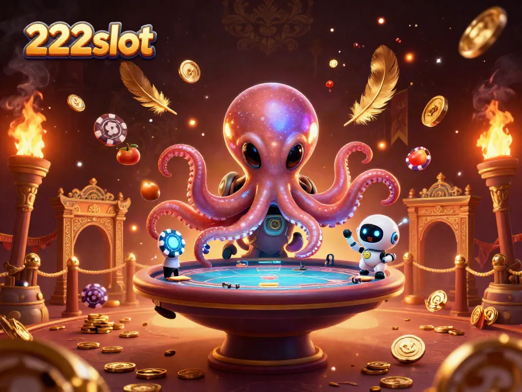 Permainan slot online 222slot dengan karakter alien dan robot yang menarik serta latar belakang megah.