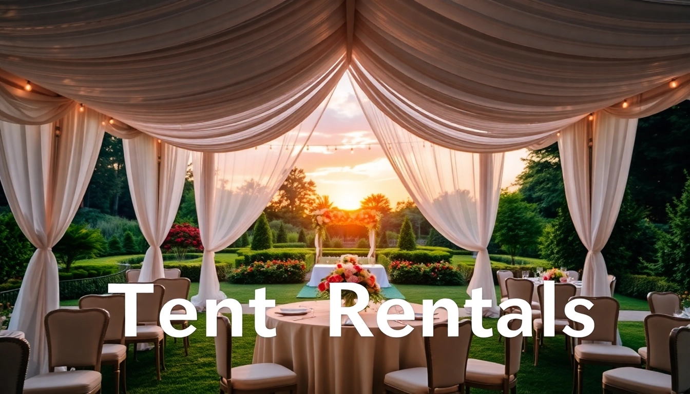 Elegant outdoor Tent Rentals setup featuring floral decorations and sunset ambiance.