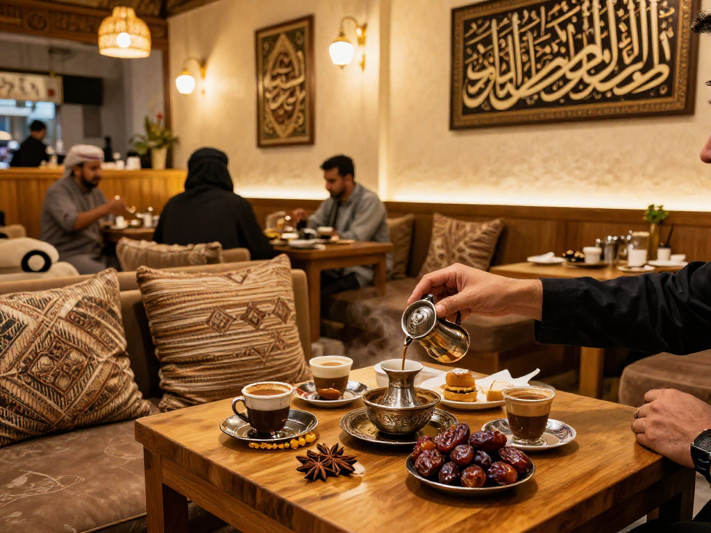 قهوجي الرياض يعد القهوة العربية مع التوابل في مقهى تقليدي.