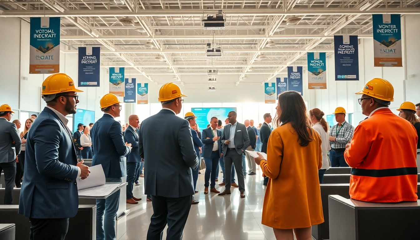 Engaged professionals at construction networking events sharing ideas in a dynamic setting.