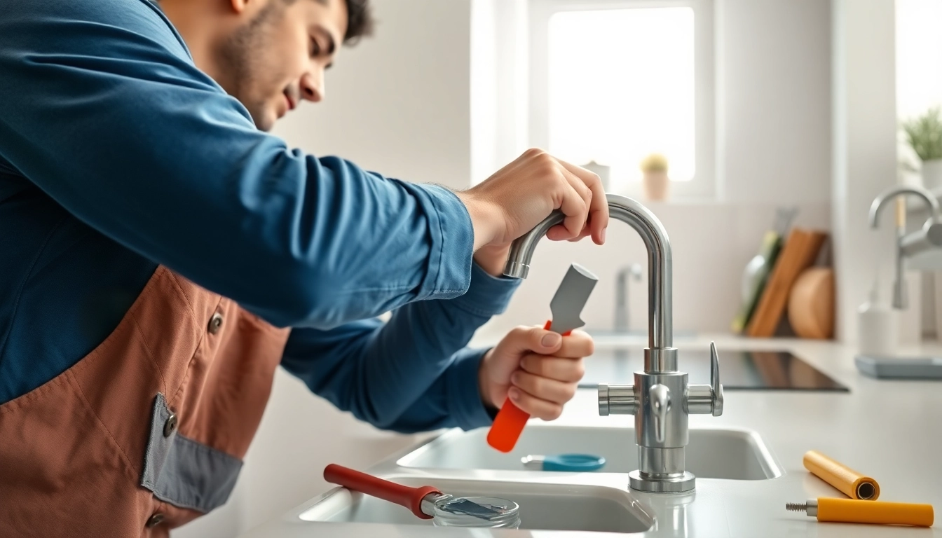 Plumber near me repairing a kitchen faucet, showcasing skilled craftsmanship in a bright setting.