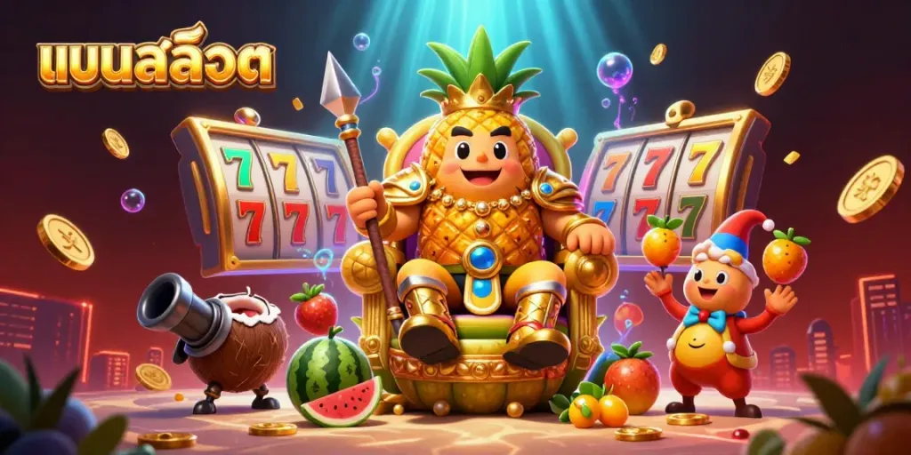 Spin the reels with แบบสล็อต featuring vibrant casino characters in a dynamic beach scene.