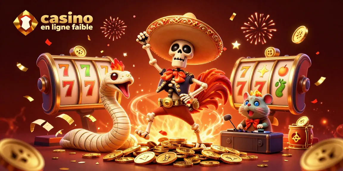 Illustration dynamique sur le thème du casino en ligne fiable avec un rooster mariachi, un serpent momie et un hamster DJ célébrant ensemble.