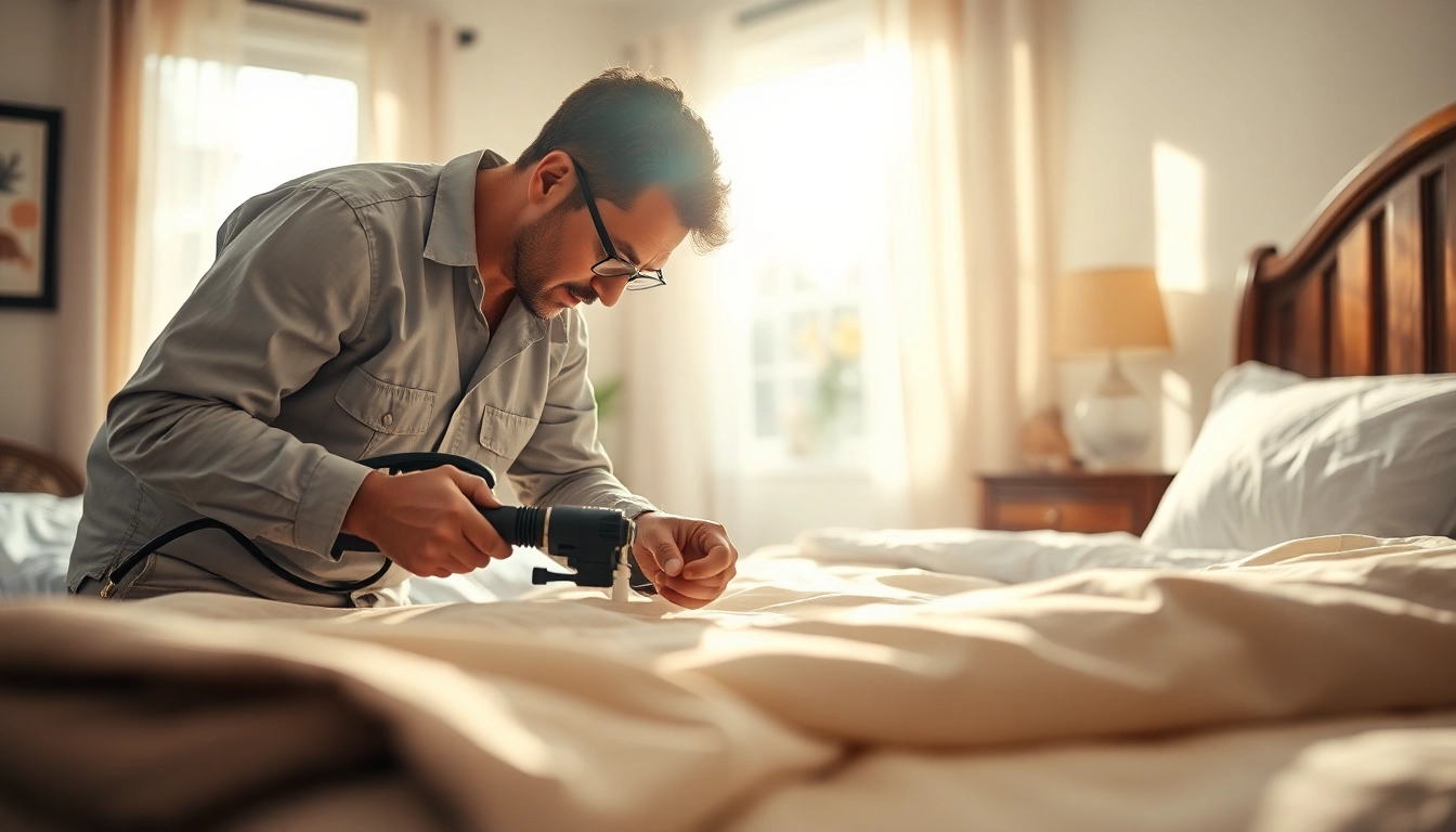 Engaging bed bug pest control scene with a professional exterminator inspecting a bed.