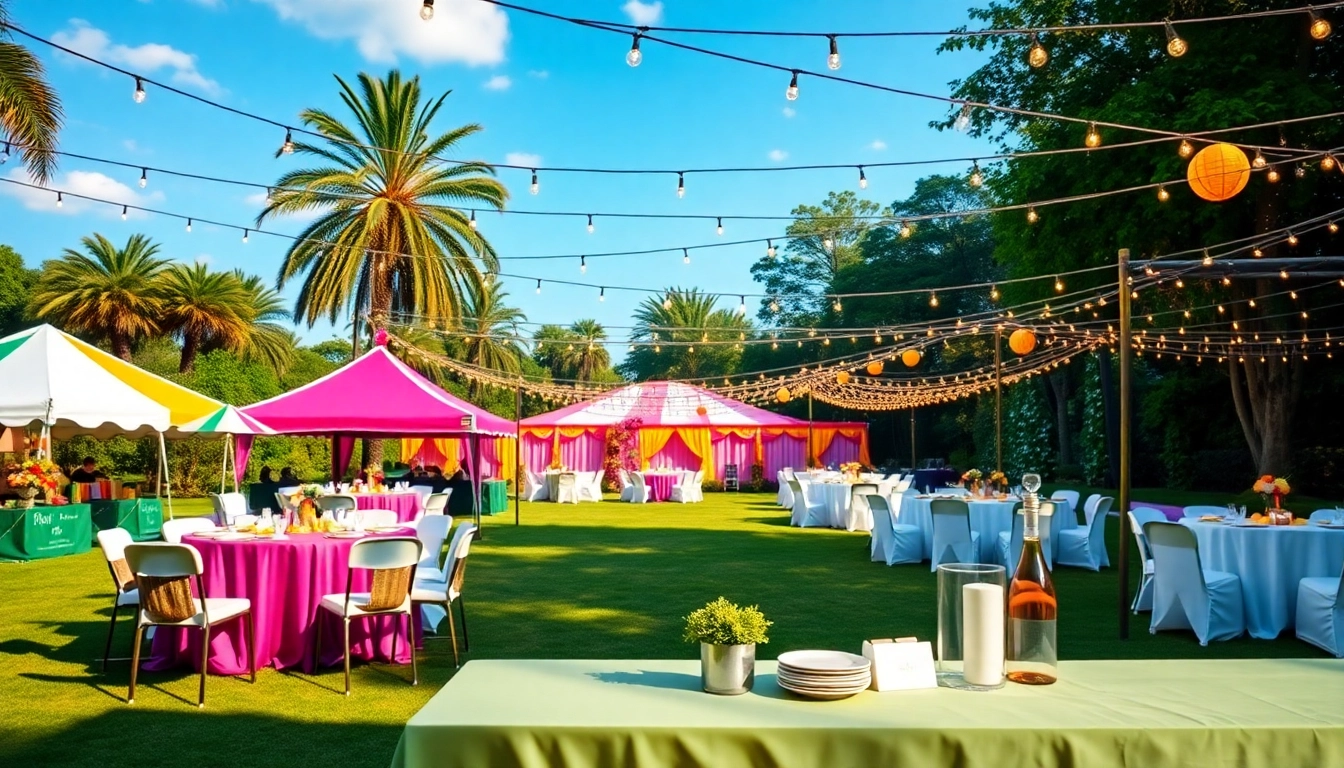 Explore Party Rentals Near Me with a vibrant outdoor event setup showcasing colorful tents and elegant decor.