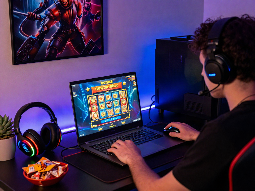 Player enjoying a bonus new member slot game on laptop with snacks and gaming gear.