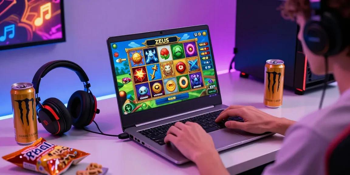 Enjoying the slot zeus game on a laptop in a vibrant gaming environment, surrounded by gaming accessories and colorful visuals.