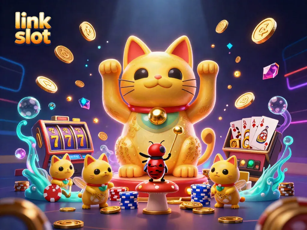 Mesin slot dan simbol keberuntungan mengelilingi kucing keberuntungan dalam ilustrasi 3D yang ceria.