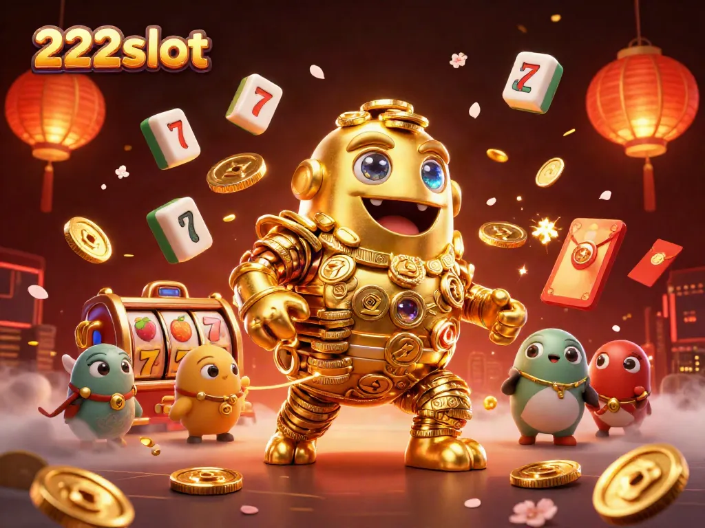 Mencoba keberuntungan di 222slot dengan karakter golem emas dikelilingi slot, koin, dan simbol keberuntungan.