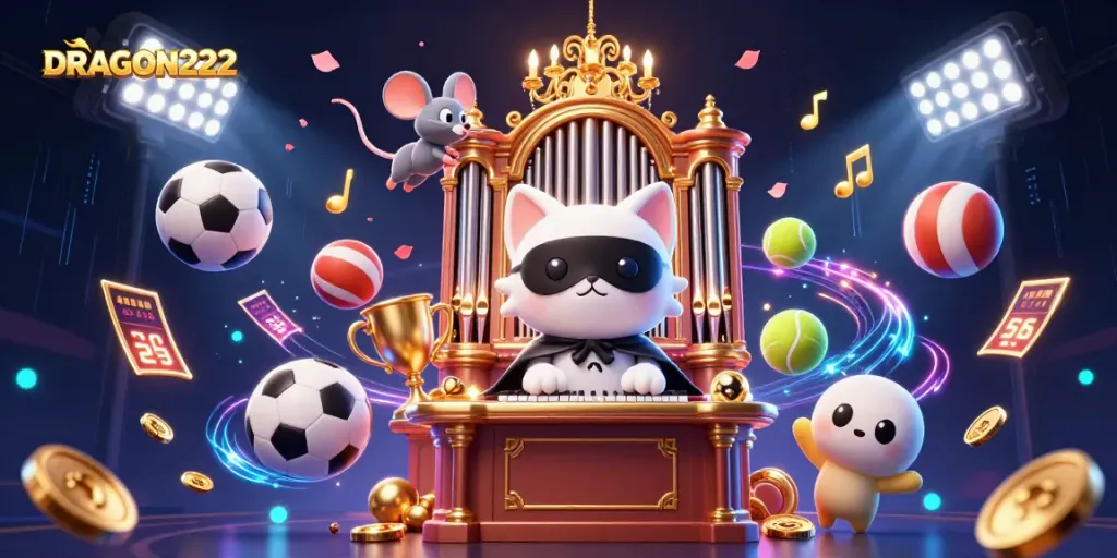 Experience the thrill of DRAGON222 gaming with an exciting casino-themed illustration featuring a phantom cat and dynamic sports elements.