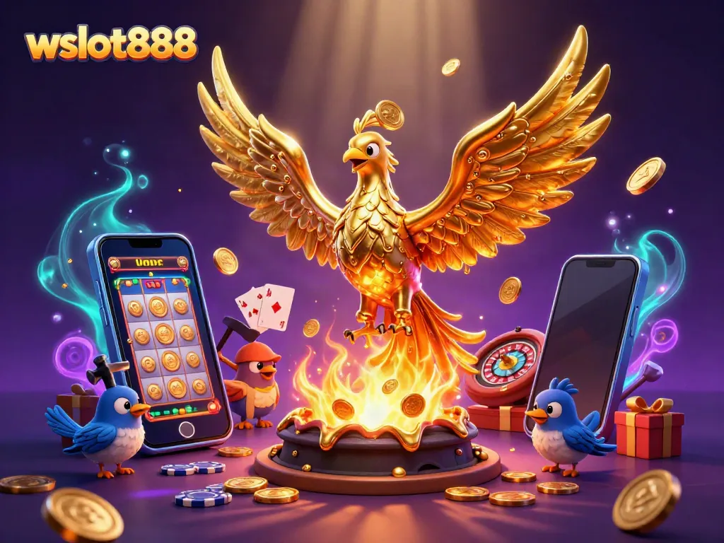 Permainan slot gacor wslot888 menampilkan phoenix emas dan game menarik di smartphone.