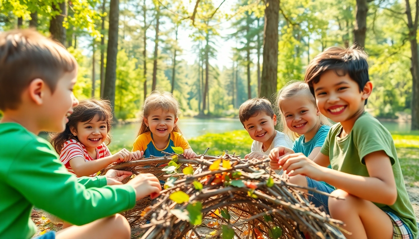 Children exploring at a summer kids camp in a vibrant outdoor setting filled with laughter and adventure.