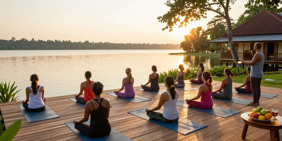 Engaging yoga teacher training sri lanka 2026 scene with students practicing meditation lakeside at sunrise