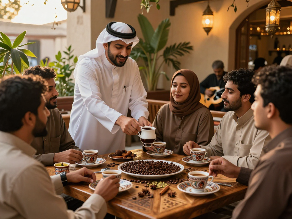قهوجي الرياض يقدم القهوة العربية في جو دافئ ومريح.