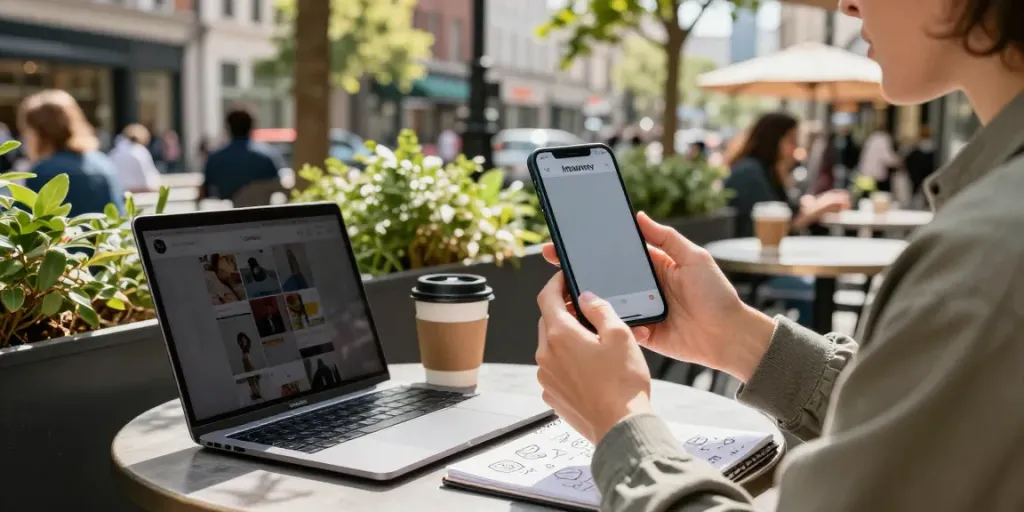 Person using Insanony app to view Instagram stories anonymously at an urban café.