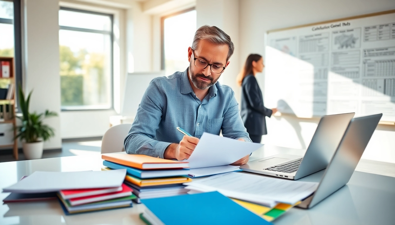Engaging scene of a consultant focusing on grants and pre-post award compliance in a modern office.