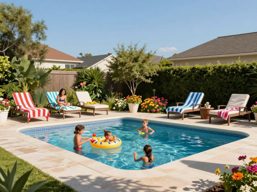 Dolphin Pool Services family enjoying a sunny day at their sparkling blue pool with vibrant garden backdrop.