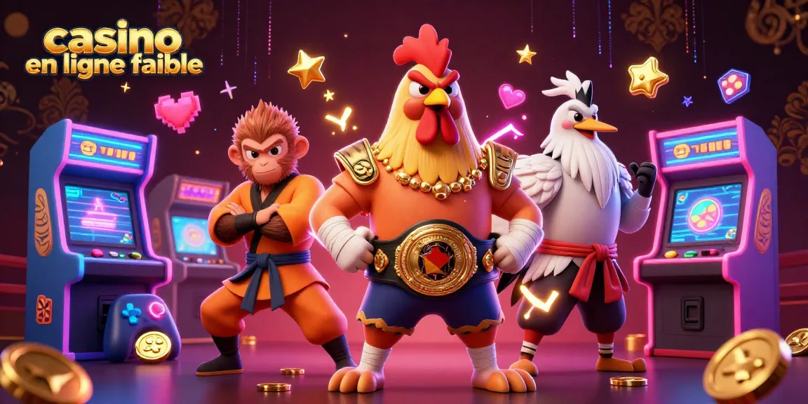 Illustration d'un casino en ligne fiable avec un coq Muay Thai, un singe Shaolin et une grue.
