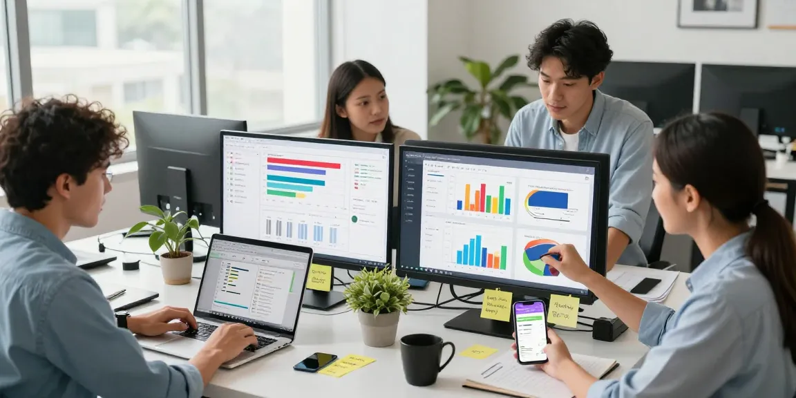 广告团队在明亮的办公室中使用adspower进行多账户管理与数据分析，展示合作和专注氛围。