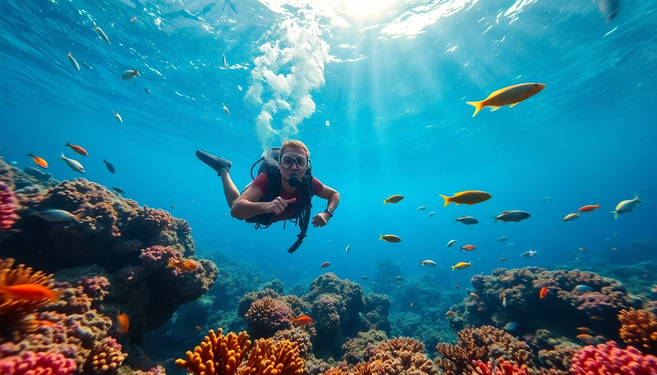 Diver experiencing Tauchen with vibrant corals and colorful fish in clear waters.