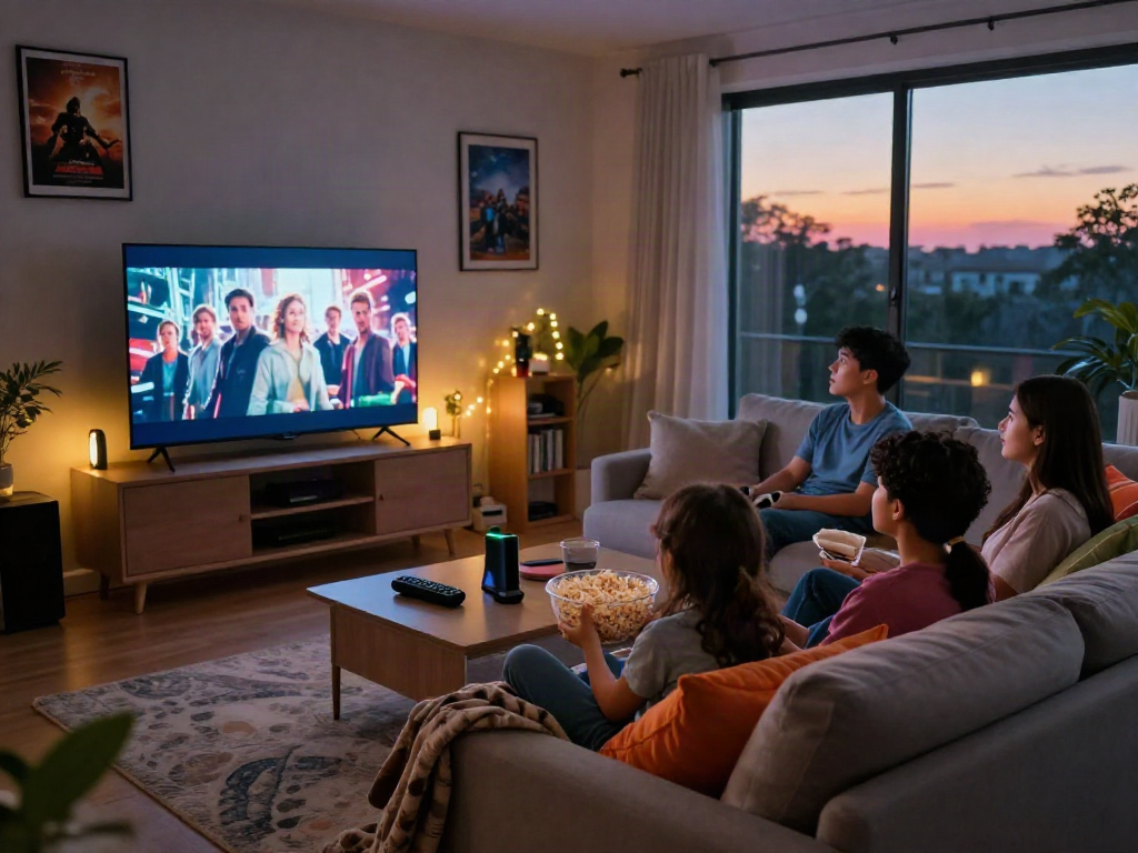 Family enjoying a cozy movie night with Moviebox on a large TV screen.