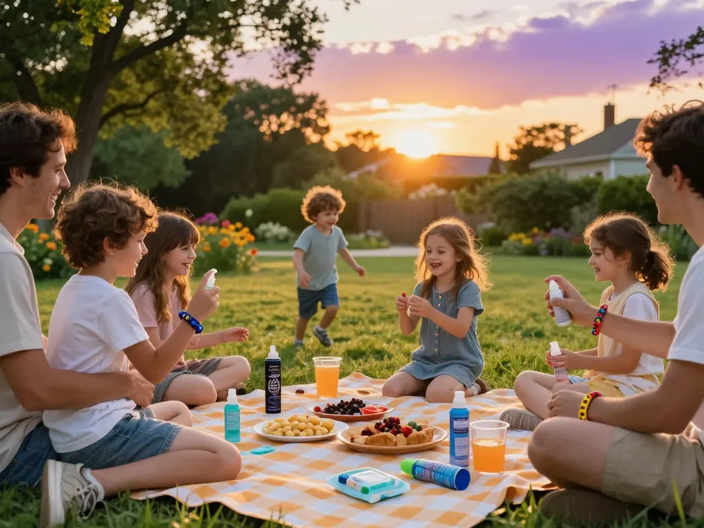 Family enjoying a summer picnic while using effective mosquito repellent products in a lush backyard.