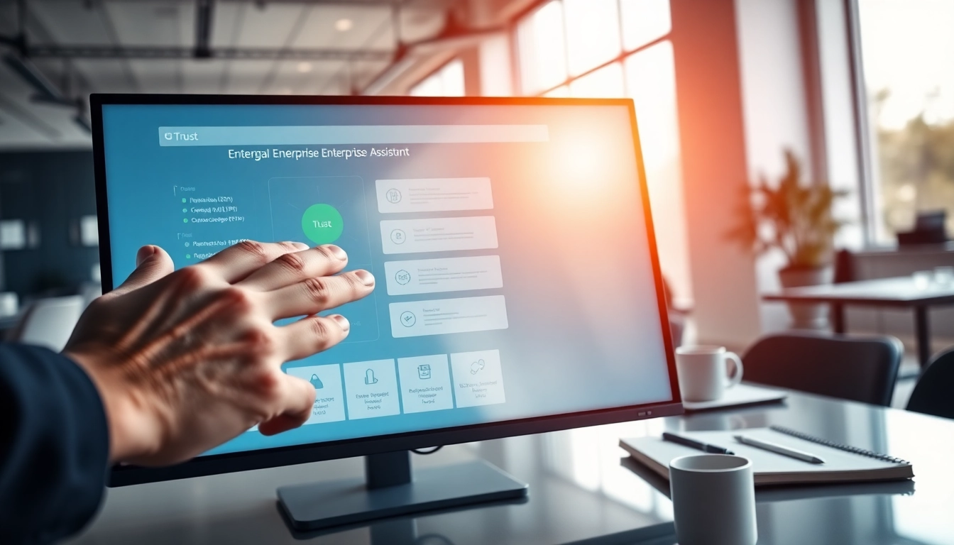 Using enterprise assistant software in a modern workspace with a touchscreen interface.
