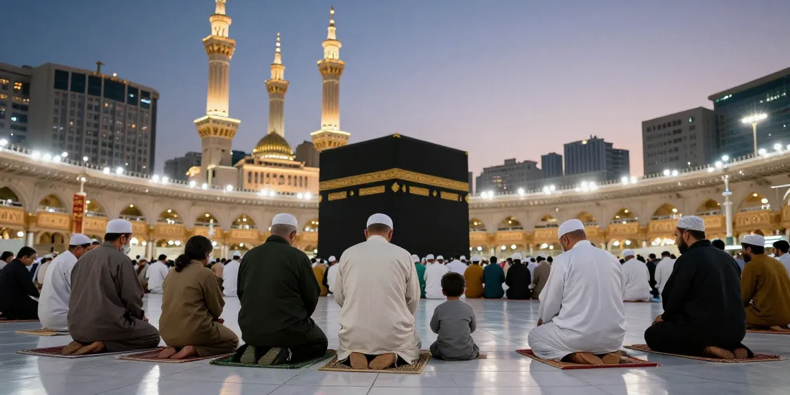 A peaceful Umroh Ramadhan experience at Masjid al-Haram with pilgrims praying, reflecting rich cultural traditions during this special time of travel and pilgrimage.