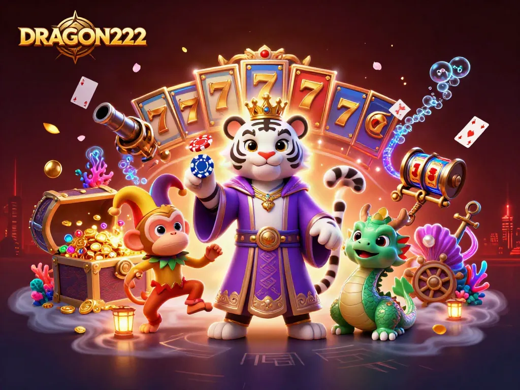 Engage in thrilling gameplay at DRAGON222, featuring vibrant slot elements and dynamic casino characters.