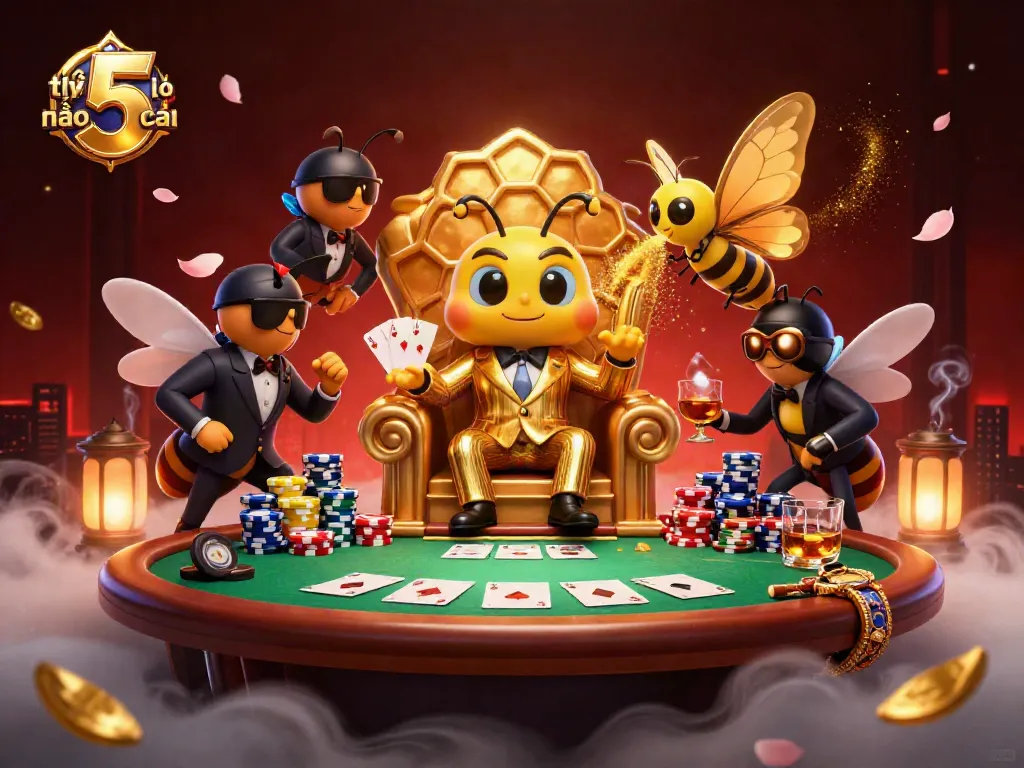 Engage with tỷ lệ kèo nhà cái 5 in a vibrant poker showdown featuring a bee mob boss.