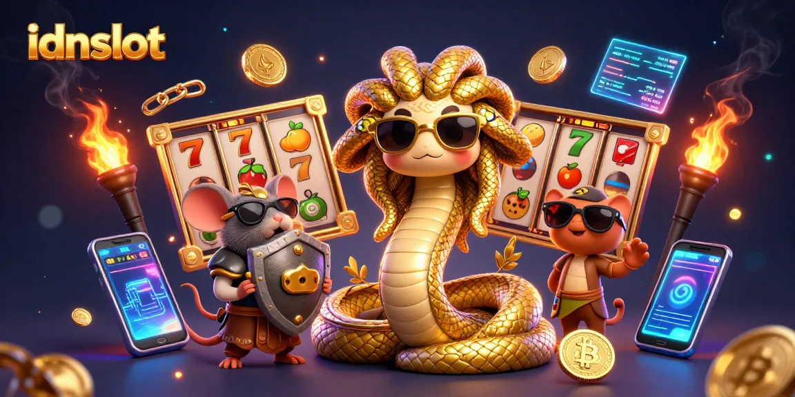 Experience thrilling gameplay with idnslot featuring Medusa and a warrior mouse in a vibrant casino scene.