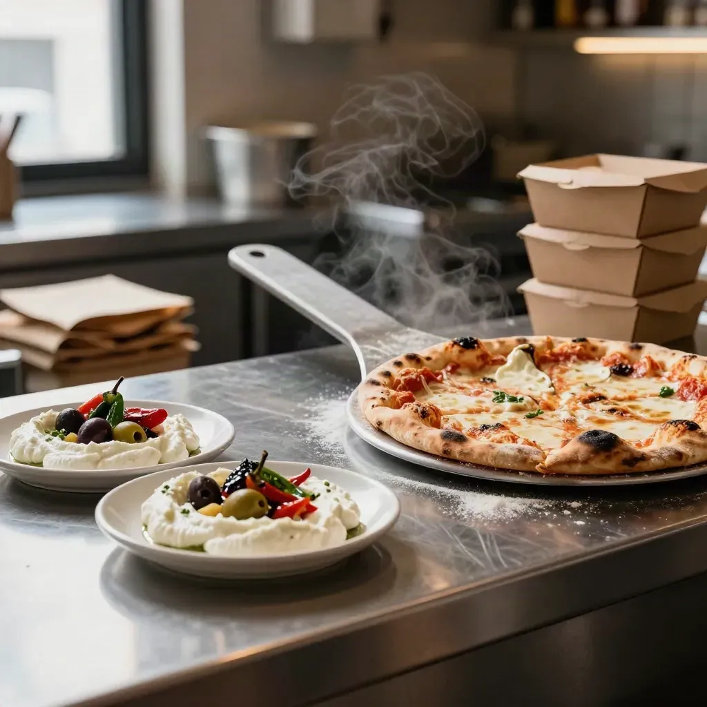 Busy restaurant pass with mezze, pizza peel, and takeaway containers mid-service