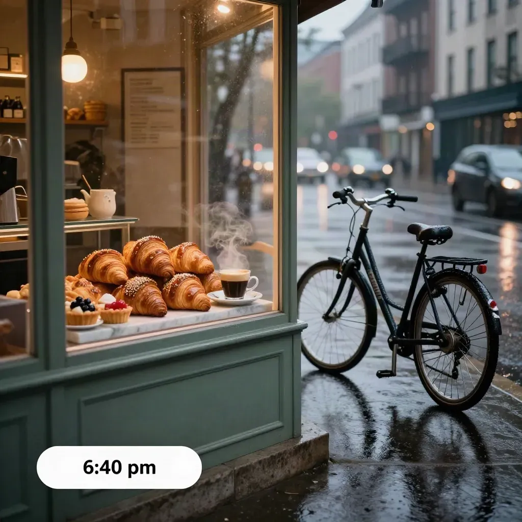 Rainy 30th Avenue café corner with pastries, espresso, parked bike, and bridge lights