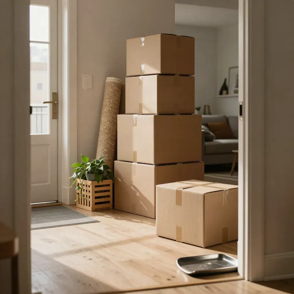 Astoria apartment entryway with moving boxes, a rolled rug, plant crate, and open door light