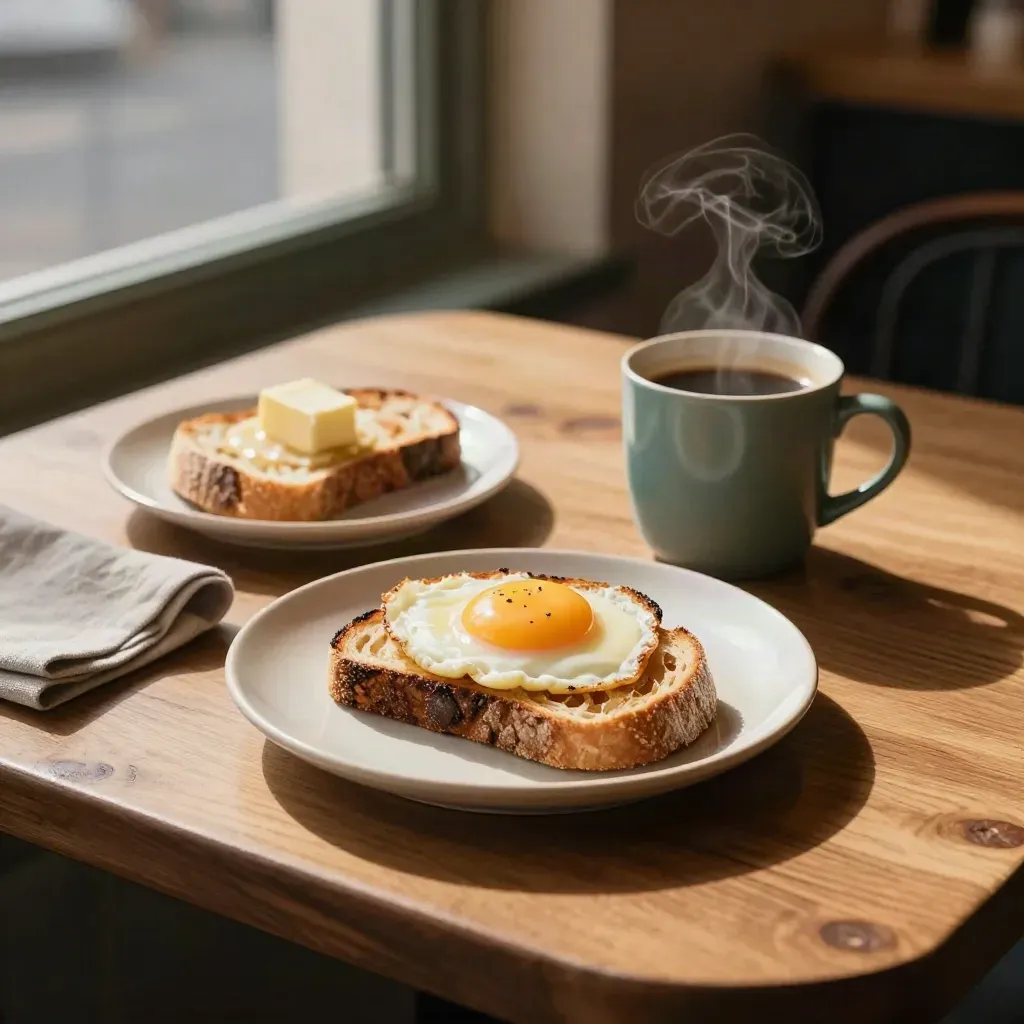 Sunlit brunch table with sourdough toast, eggs, coffee, and teal accents at a corner café.