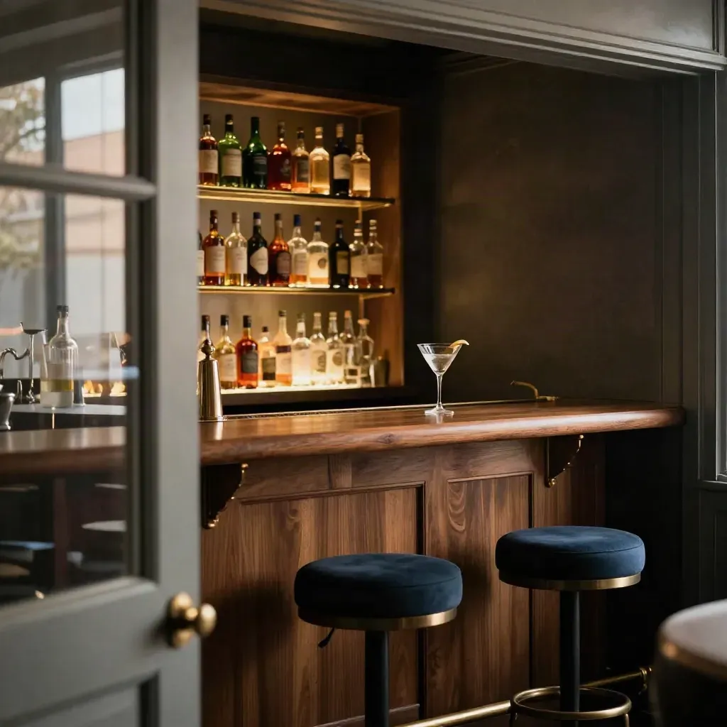 Dim corner bar with glowing bottles, stools, and a martini glass seen through a doorway.