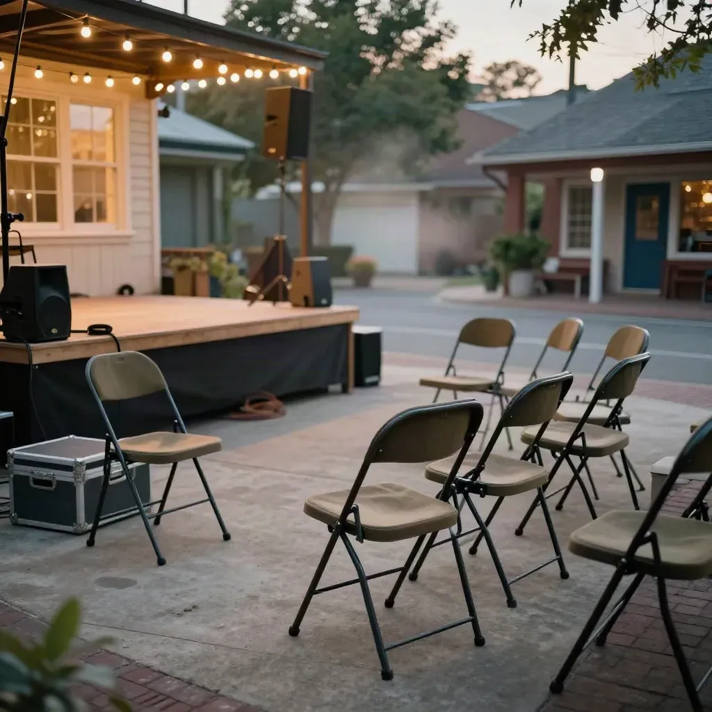 Empty outdoor stage with chairs, speaker, and string lights before a community show