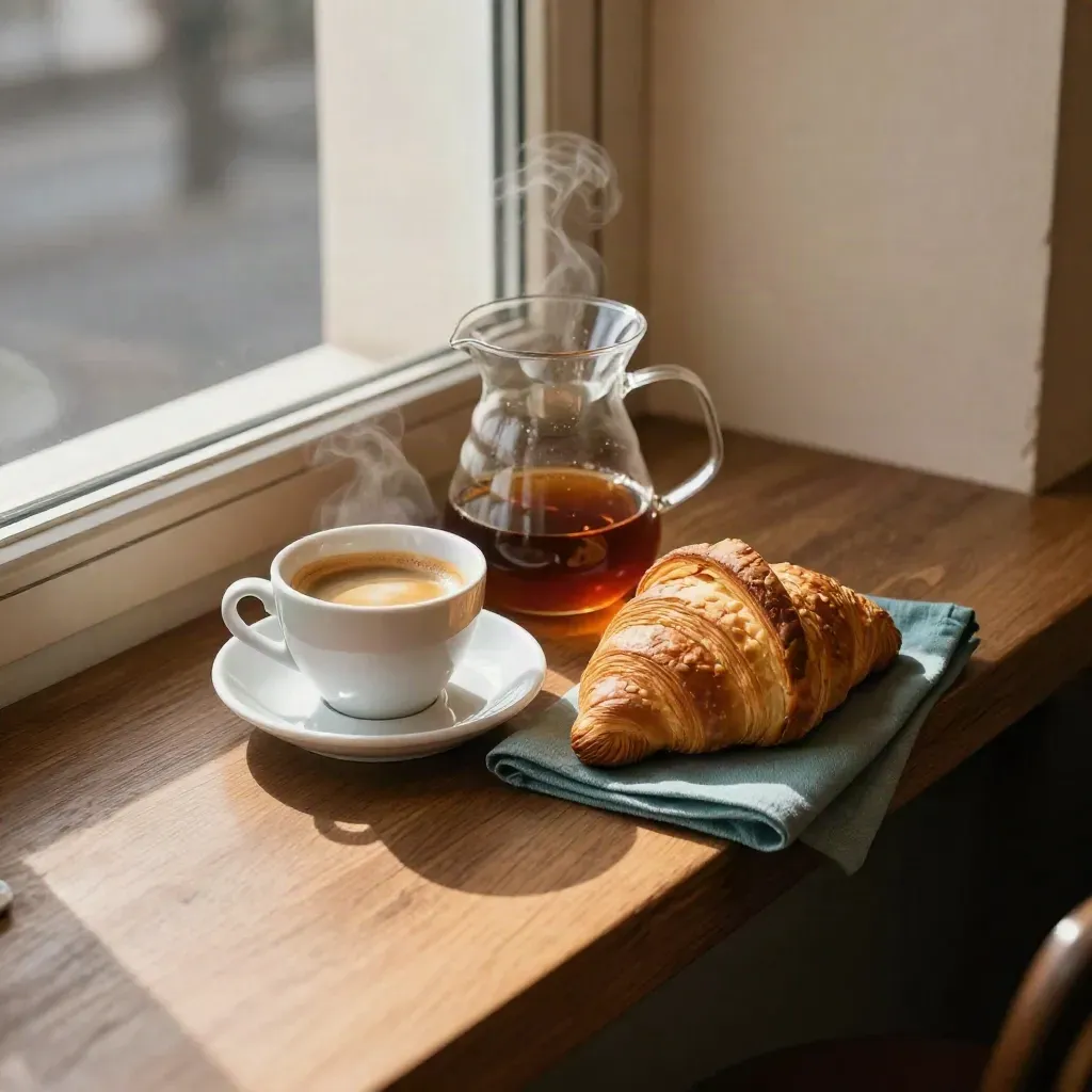 Espresso cup, drip carafe and croissant on a warm café windowsill in morning light.