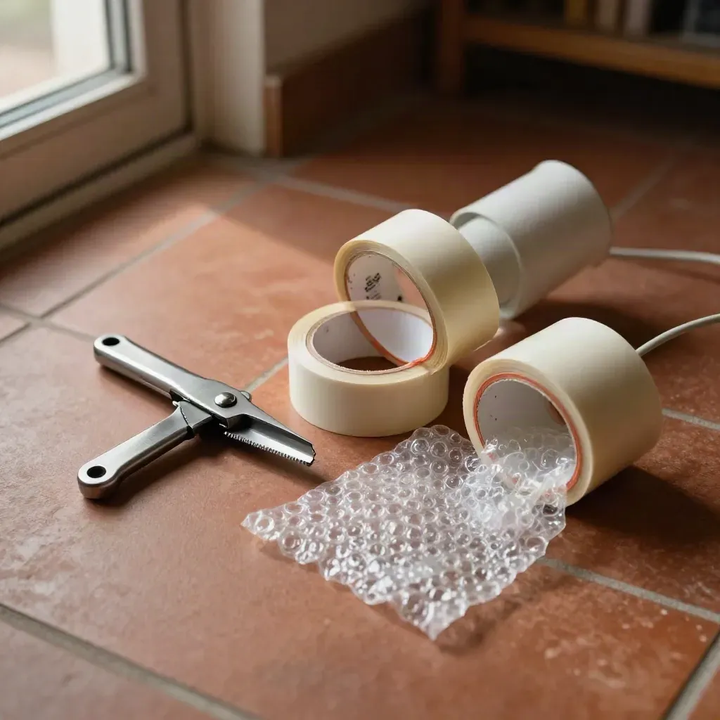 Top-down moving essentials on a hallway floor: tape, box cutter, bubble wrap, and a lamp.