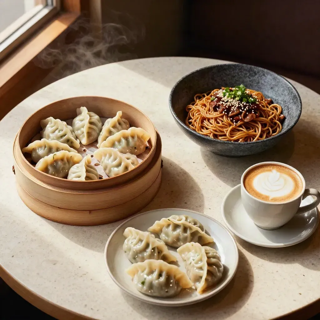 Overhead cozy food spread with dumplings, noodles and coffee on a travertine café table.