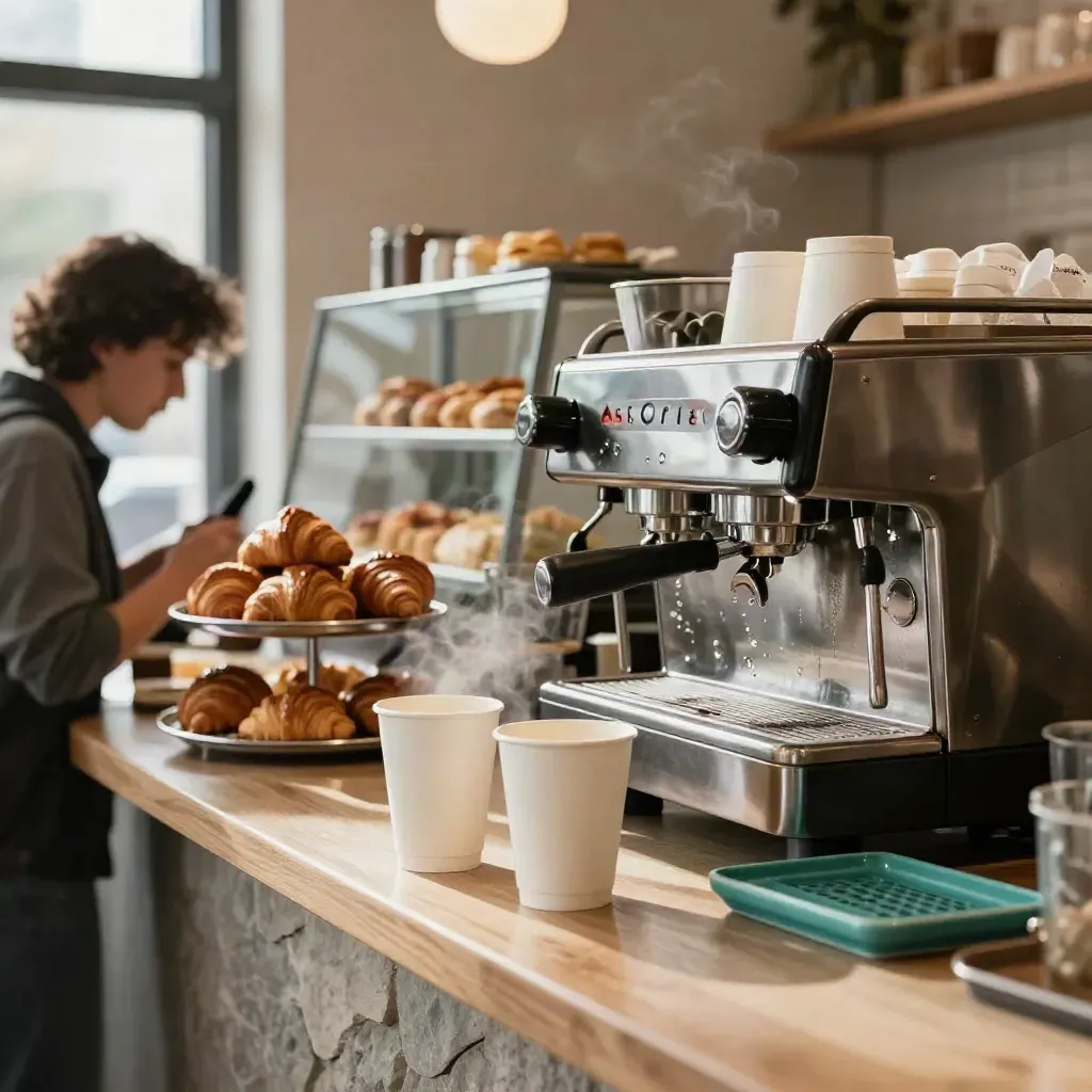 Steam rises around cups, espresso machine, and pastries in a café window view.